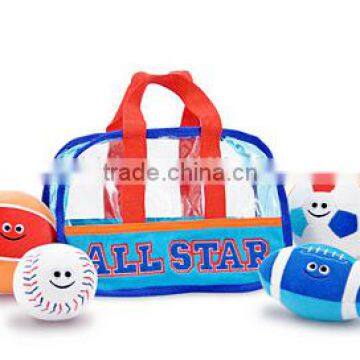 cute plush stuffed kids soccer ball, baseball, football and basketball in sports bag toy/custom plush toy