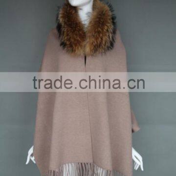 Ladies Latest Design Wool Cashmere Pashmina Shawl With Genuine Raccoon Fur