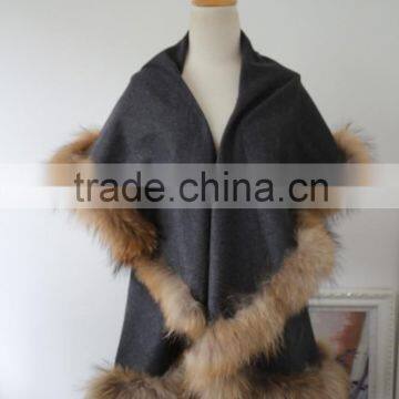 Latest Wool & Cashmere Outwear Womens Capes With Raccoon Fur Trim