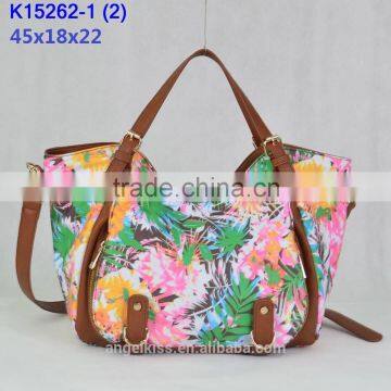 2015 new style printing fabric handbag match pu leather