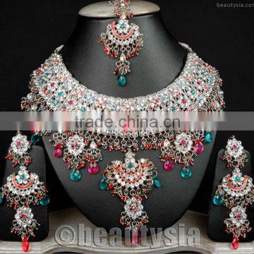 Trendy Indian Kundan Fabulous Silver Tone Jodha Akbar Jewelry Necklace Set E56