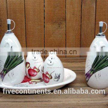 ceramic 5pcs ceramic condiment set with ceramic oval tray