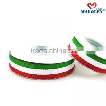 Promotional double face printed 3 color green white red stripe grosgrain ribbon