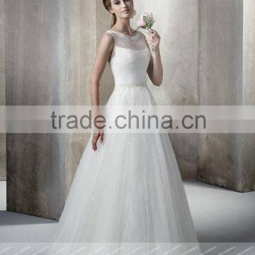 LC37 Elegant Sleeveless A-Line Tulle Wedding Dress Beaded Floor Length O Neck Vestidos De Novia Con Mangas