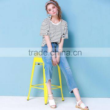 2017 Latest Jeans Tops Girls Light Blue Wash Ripped Jeans for Women photo-6