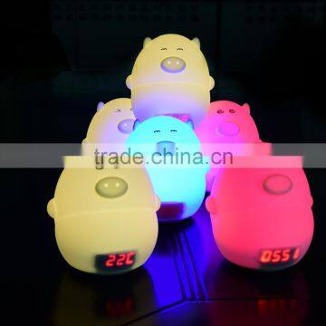 Portable Touch Sensor Rechargeable Cute Pig Silicone Led Alarm Clock Night Light photo-2