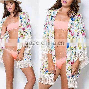 Chiffon Tassel Cardigan Cover-up Tops Women Floral Print Blouse Summer Swimwear Bikini Beach Cover Up Tops for Sexy Women