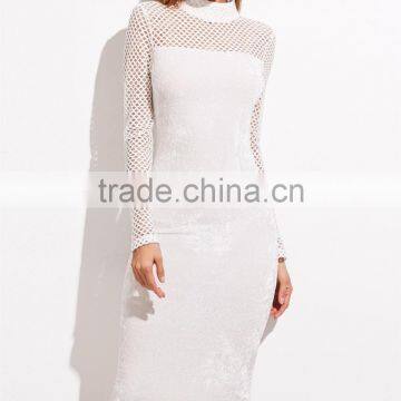 Women Spring Fall Bodycon party Dress White Eyelet Mesh Knee-length Celebrity Long sleeve Bandage Dress Wholesale