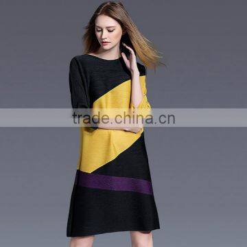 Female patchwork contrast color crinkle spring A-line dresses