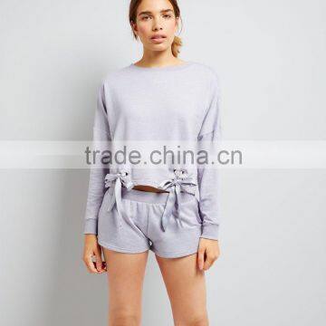 Lilac Lace Up Lounge Sweatshirt Drop Shoulder Side Eyelet With Short Pants Cuffed Hem Soft Jesery Sweater photo-2