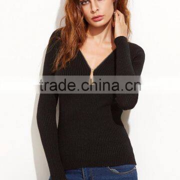 Black V Neck Zipper Ribbed Sweater Cotton Polyester Long Sleeve Pullovers Tight Sweater photo-3