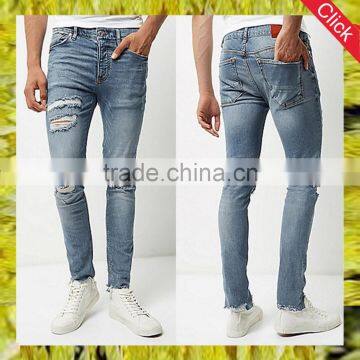 Men five pockets light blue wash super skinny ripped jeans