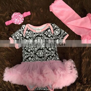 2015 new damask baby romper tutu romper dress with matching headband and leg warmer