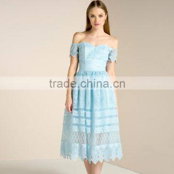 Crochet Chemical Lace Trim Sweetheart Neck off Shoulder Midi Party Dress photo-5