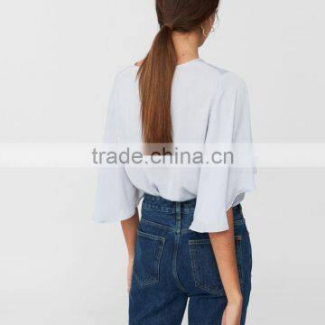 Batwing V Neck Bodysuit Women Casual Frill Sleeve Blouse Designs photo-2