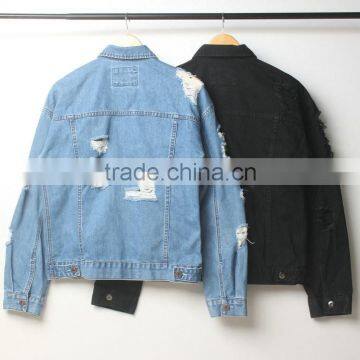 Men's Washed Distressed Cotton/spandex Button-up Denim Jacket With Holes photo-3