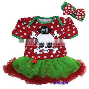 Newborn Baby Red Polka Dots Pirate Green Red Bodysuit Pettiskirt and Headband 0-18M