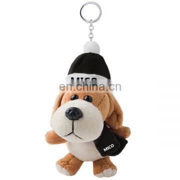 Brand LOGO Cheap Custom Cartoon Soft Stuffed Mini Plush Dog Keychain With Hat