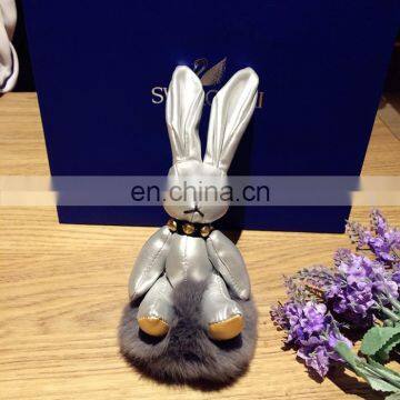 cute leather rabbit keychain with pom pom