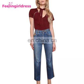 China Factory Wine Red Bodysuit High Elasticity Vintage Romper Cotton Womens Clothing Jumpsuits photo-3
