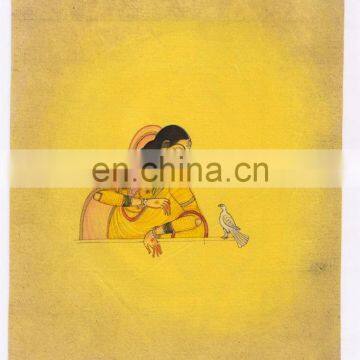 Women With Bird Water Color Painting Indian Miniature Art Wall Hanging Handmade Paper Painting