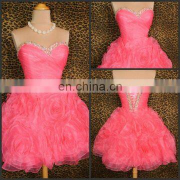 New Arrival Real Photo Sweetheart Organza Beaded Ruffles Ball Gown Short Mini Cocktail Dress