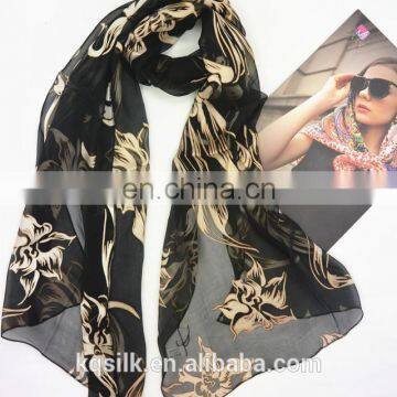 Hotselling two-color low MOQ burnout silk long scarves with floral pattern