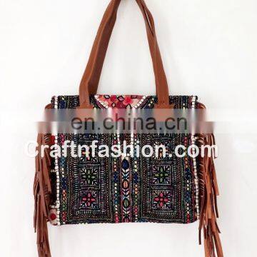 Indian 2017 Stylish Banjara Leather Fringes Handbag- Vintage Banjara Mirror Work Leather Fringes Bag