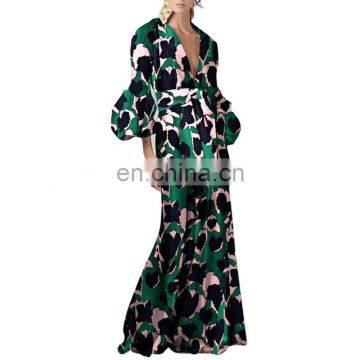 TWOTWINSTYLE Vintage Dress Women V Neck Flare Long Sleeve Sashes Print Hit Color A Line Floor Length