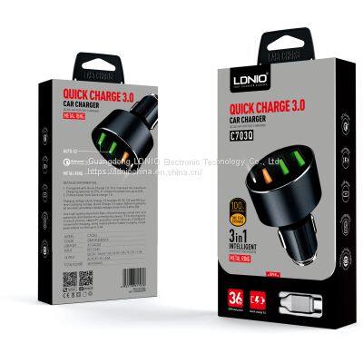 LDNIO C703Q Car Charger USB 2.0 In-car Chargers With 3 USB Ports, QC3.0, 36W photo-5