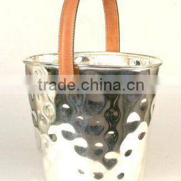 Stainless Steel Hammered Ice Bucket With Leather Handle, Wine Cooler