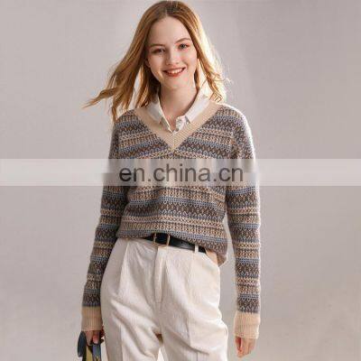 Women Casual V Neck Custom Design Printed Jacquard Cashmere Sweater photo-5