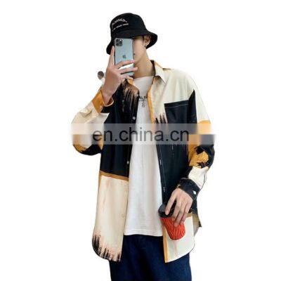 Color-blocking printed shirt male Hong Kong style Japanese style plus size trend youth handsome wild  loose casual top