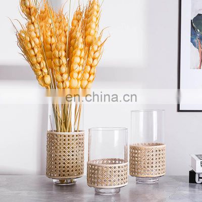 Cylinder Garden Rustic Clear Transparent Woven American Style Flower Arrangement Glass Rattan Vase