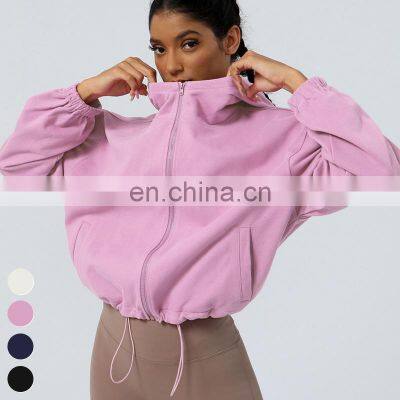 Drawstring Hoody Loose Casual Running Coat Zipper Sports Jackets Long Sleeve Gym Fitness Hooded Wear Yoga Jacket For Women