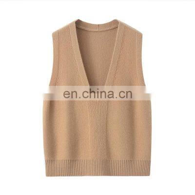 New Stock Women's Fashionable Deep V-Neck Cashmere Woolen Sweater Vest Knitted Casual Outer Wear with Embroidered Logo