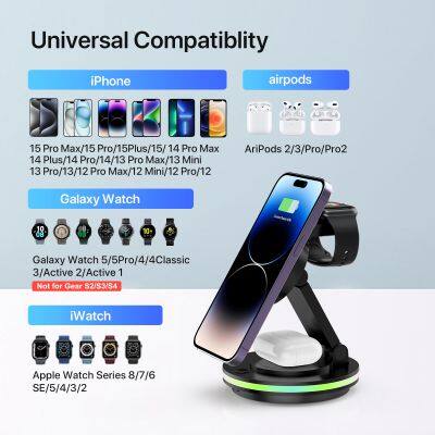 Rotatable Led Colourful Foldable 3-1 Mini Multifunction 3 In 1 Foldable Black Wireless Charger photo-6