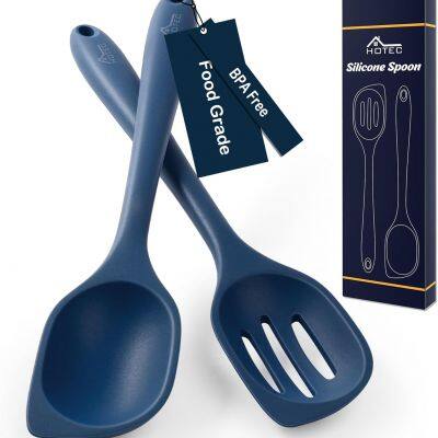 Heat Resistant Silicone Cooking Spoon Spatula, Large Kitchen Solid and Slotted Spoons for Mixing, Serving, Scraping, Non-stick, Dishwasher Safe Classic Blue 12.5inch