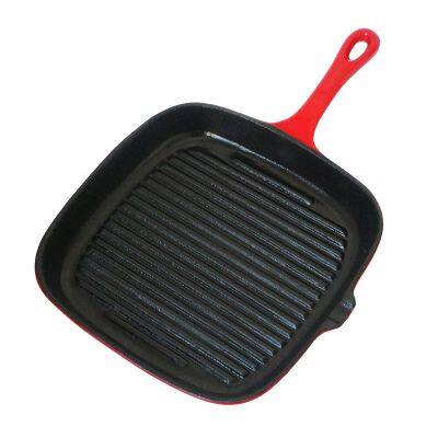 Enameled Cast Iron Steak Grill Pan - Square Skillet With Drip Spout, for All Cooktops, Perfect Grill Marks, Cardinal Red