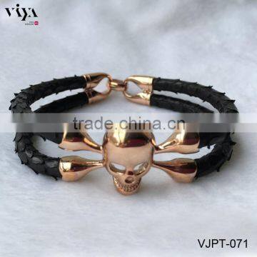2016 Fashion Skull Men Bracelet, Genuine Stingray Leather Cord Bracelet, Stainless Steel Clasp Bracelet With High Quality End photo-2
