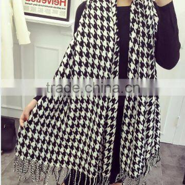 Za Fringed Tassel Houndstooth Jacquard Woven Cashmere Feel Acrylic Scarf photo-3