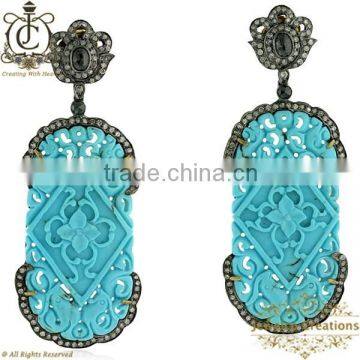 Turquoise Carving 14K Gold Earrings Jewelry, 925 Silver Diamond Gemstone Carving Dangle Earrings Jewelry, Diamond Earrings