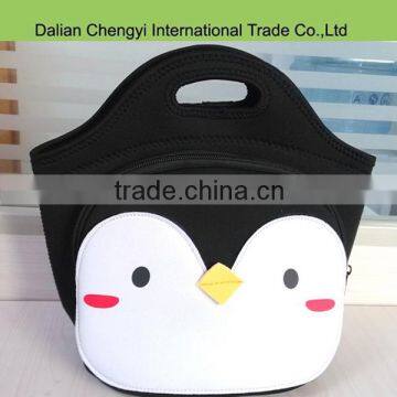 New fabric factory price cute penguin insulated neoprene lunch tote bag