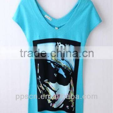 Hot sale fashion long print T-shirt,v neck T-shirt.made in china