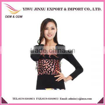 2015 New Fashion OEM Long Sleeve Leopard Image Printed Fashion Sexy Girl Plus Size Seamless Blouses for