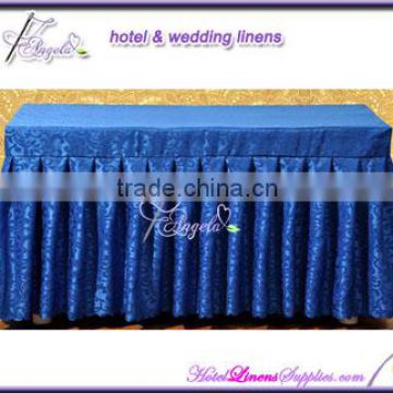 damask polyester fitted table skirts with topper, jacquard polyester table skirtings for wedding events