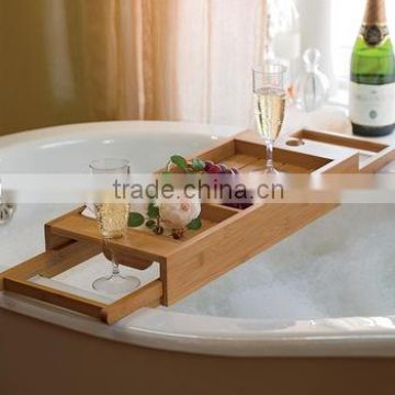 100% Bamboo Bathtub Caddy with Extendable Sides Integrated Wineglass Holder new design bathroom rack bathtub caddy                        
                                                Quality Choice