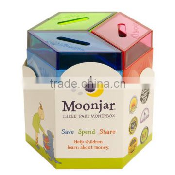 Classic Save Spend Share Clear Money boxes/Custom Part Clear plastic Money boxes/OEM made Money boxes China Maker