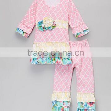 Latest Fashion 2015 Childrens Fall Boutique Clothing Different Kinds of Printing Shape Stripe Top and Ruffle Pants Lovely outfit