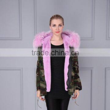 Short pattern camouflage shell lavender fur lining collar winter parka for lady